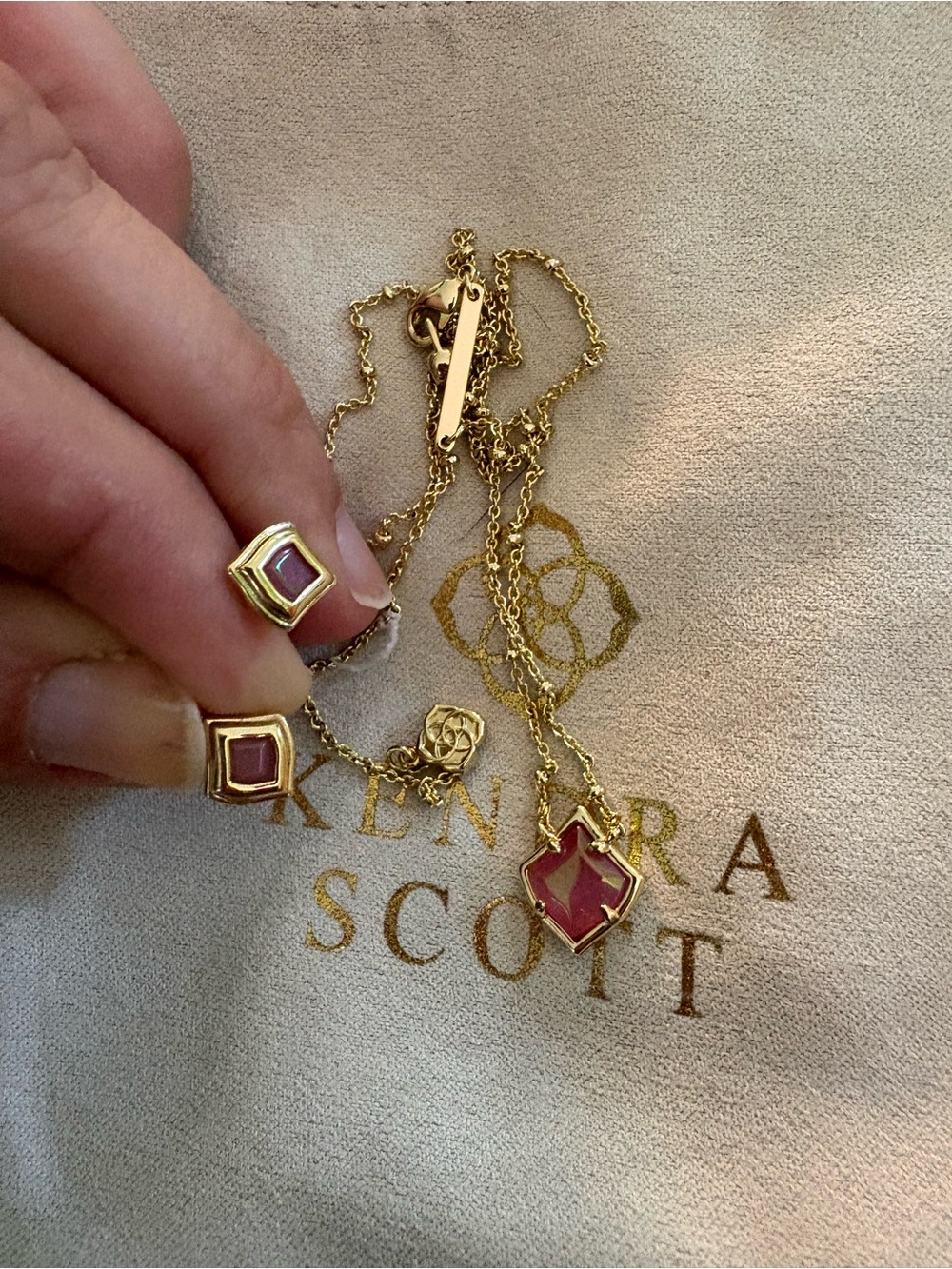 Kendra Scott Gold-Tone Necklace and Earrings with Pink Stones